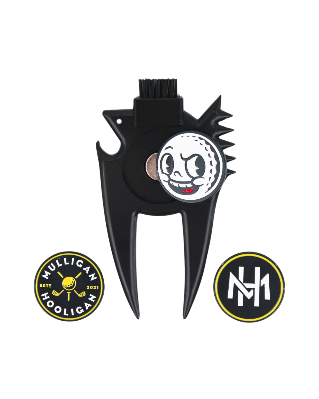 A black golf club head remover tool with a small brush on the top and a cartoon golf ball graphic in the center. Two circular logos, one reading 'Mulligan Hooligan' and one with 'MH' monogram, are shown below on a plain white background.