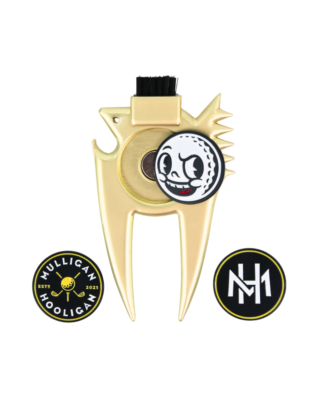 Gold metal golf flag pull with a black loop at the top and a cartoon golf ball emblem in the center, shown on a white background with two circular black-and-gold badges below.