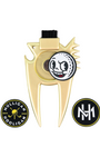 Gold metal golf flag pull with a black loop at the top and a cartoon golf ball emblem in the center, shown on a white background with two circular black-and-gold badges below.