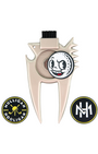 A metallic beige golf club head repair tool with a black bristle brush on top, a cartoon golf ball emblem, and two circular patches below on a white background.