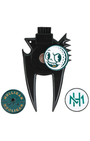 A black metal golf flagstick holder with a skull-and-golfball emblem, shown alongside two circular decals on a plain white background.