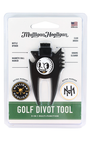 Mulligan Hooligan golf divot tool in blister packaging, featuring a black multi-function tool with a white and black Mulligan logo, on a white backing card with green and black text.
