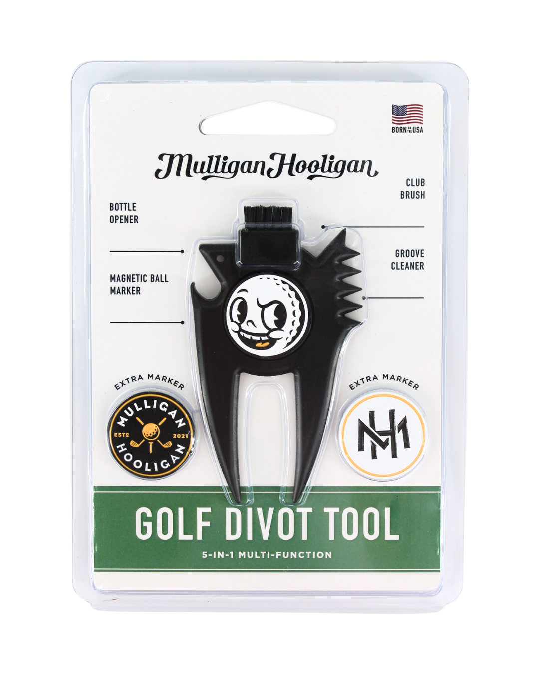 Mulligan Hooligan golf divot tool in blister packaging, featuring a black multi-function tool with a white and black Mulligan logo, on a white backing card with green and black text.