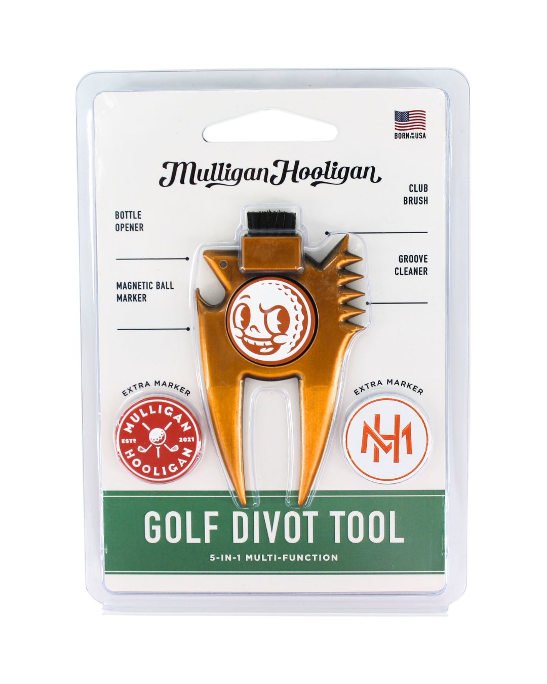Mulligan Hooligan golf divot tool in its original blister card packaging. The multi-function tool is gold-colored with a black handle and features various engraved and printed labels including 'Club Brush', 'Magnetic Ball Marker', and 'Groove Cleaner'.