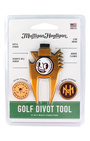 Muttigan Hooligan golf divot tool in blister packaging, featuring a gold-colored metal tool with white and black branding, a bottle opener, club brush, magnetic ball marker, and groove cleaner.