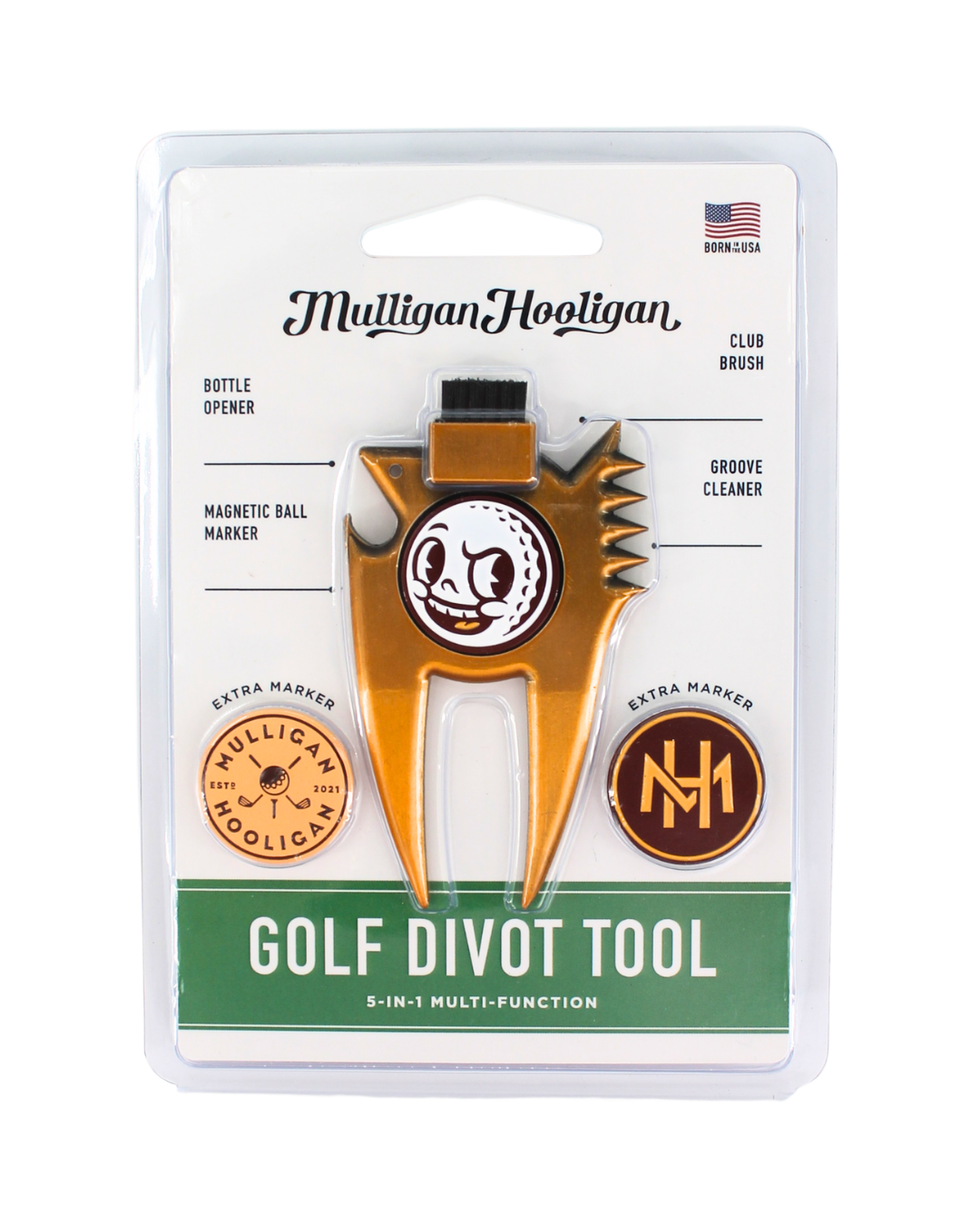 Muttigan Hooligan golf divot tool in blister packaging, featuring a gold-colored metal tool with white and black branding, a bottle opener, club brush, magnetic ball marker, and groove cleaner.
