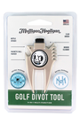 Mulligan Hooligan golf divot tool in its original blister card packaging, featuring a silver metal divot tool with a black and white logo, and two blue magnetic markers.
