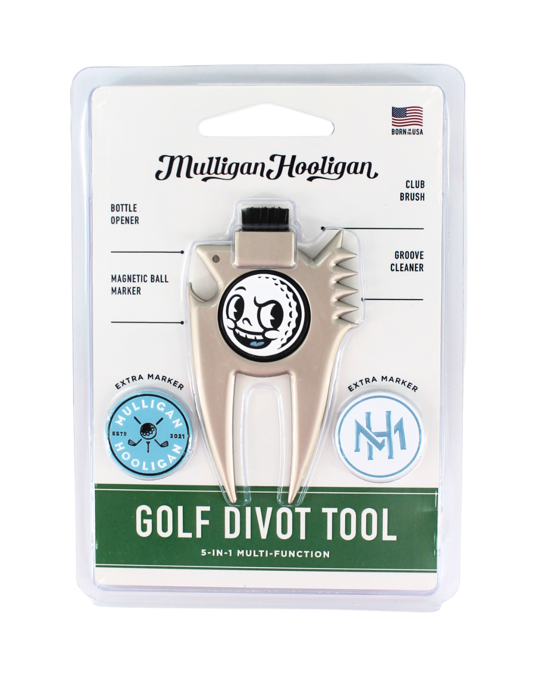 Mulligan Hooligan golf divot tool in its original blister card packaging, featuring a silver metal divot tool with a black and white logo, and two blue magnetic markers.