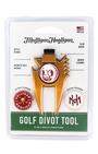 Mulligan Hooligan golf divot tool in its original blister card packaging, featuring a gold-colored multi-tool with a maroon and white golf ball logo.
