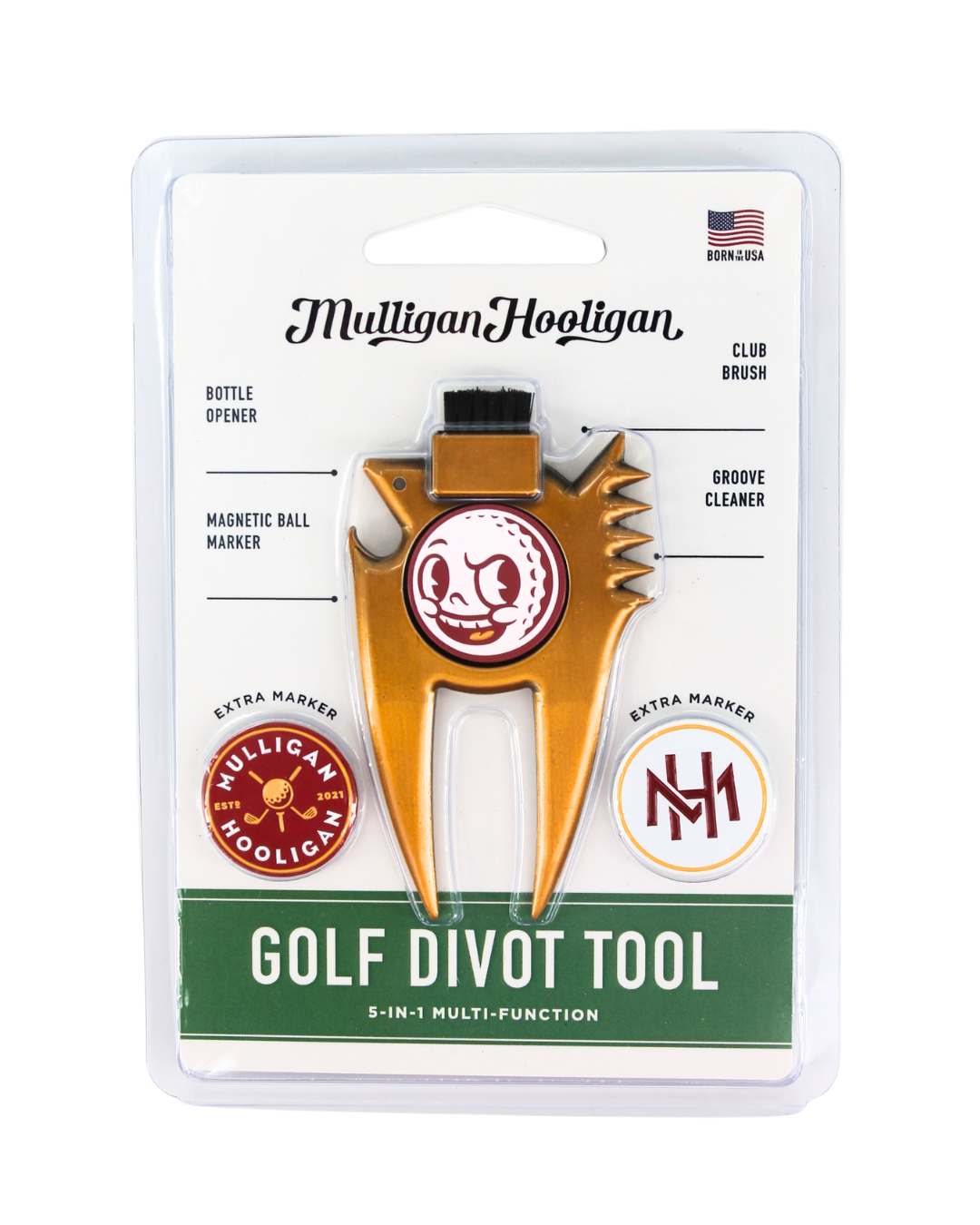 Mulligan Hooligan golf divot tool in its original blister card packaging, featuring a gold-colored multi-tool with a maroon and white golf ball logo.