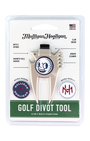 Mulligan Hooligan golf divot tool in its original blister card packaging, featuring a silver metal multi-tool with a white, navy, and red logo.