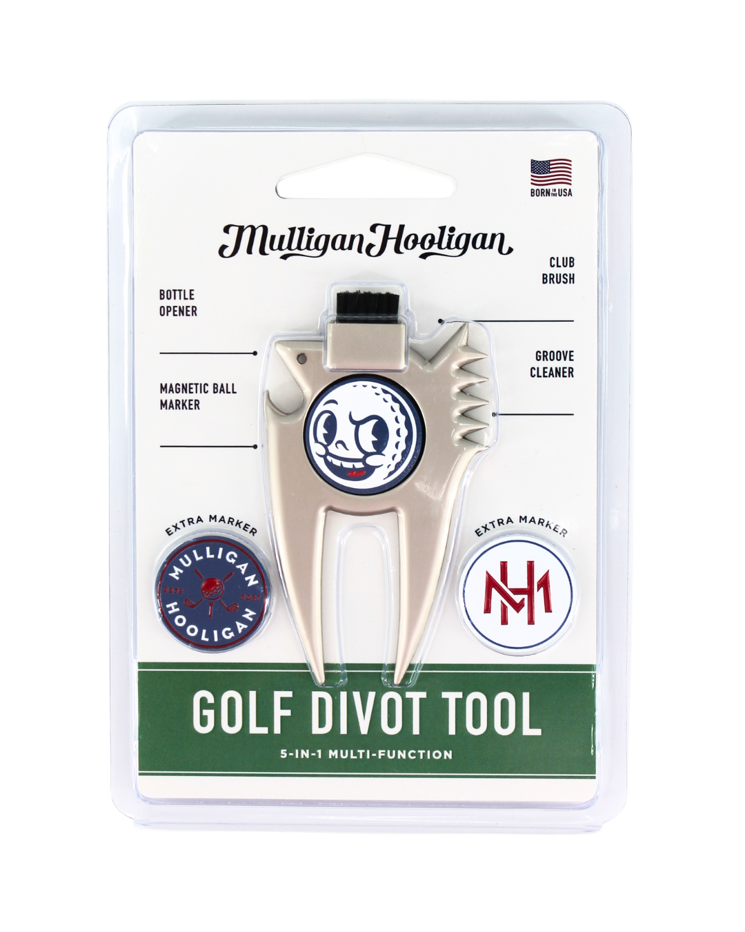 Mulligan Hooligan golf divot tool in its original blister card packaging, featuring a silver metal multi-tool with a white, navy, and red logo.