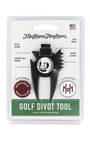 Mulligan Hooligan golf divot tool in its original blister card packaging, featuring a black and silver multi-function tool with white and green branding.