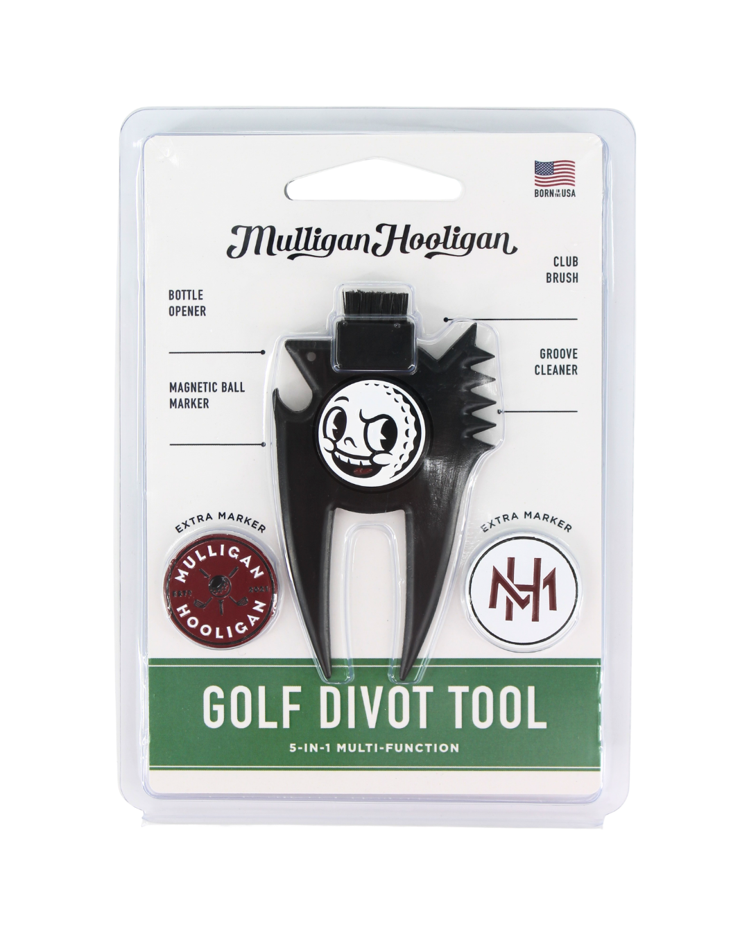 Mulligan Hooligan golf divot tool in its original blister card packaging, featuring a black and silver multi-function tool with white and green branding.