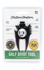 Mulligan Hooligan golf divot tool set in its original blister card packaging, featuring a black multi-tool with white and yellow graphics.