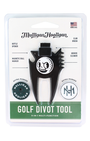 Mulligan Hooligan golf divot tool in its original blister card packaging, featuring a black multi-function tool with a white logo and green and white packaging.