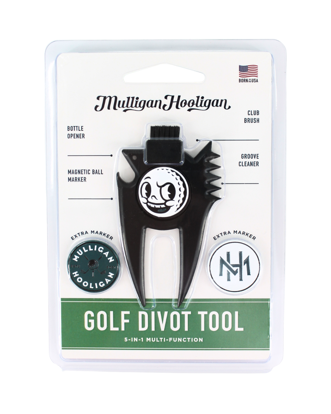 Mulligan Hooligan golf divot tool in its original blister card packaging, featuring a black multi-function tool with a white logo and green and white packaging.