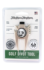 Mulligan Hooligan golf divot tool in its original blister card packaging, featuring a beige multi-tool with black and white graphics.