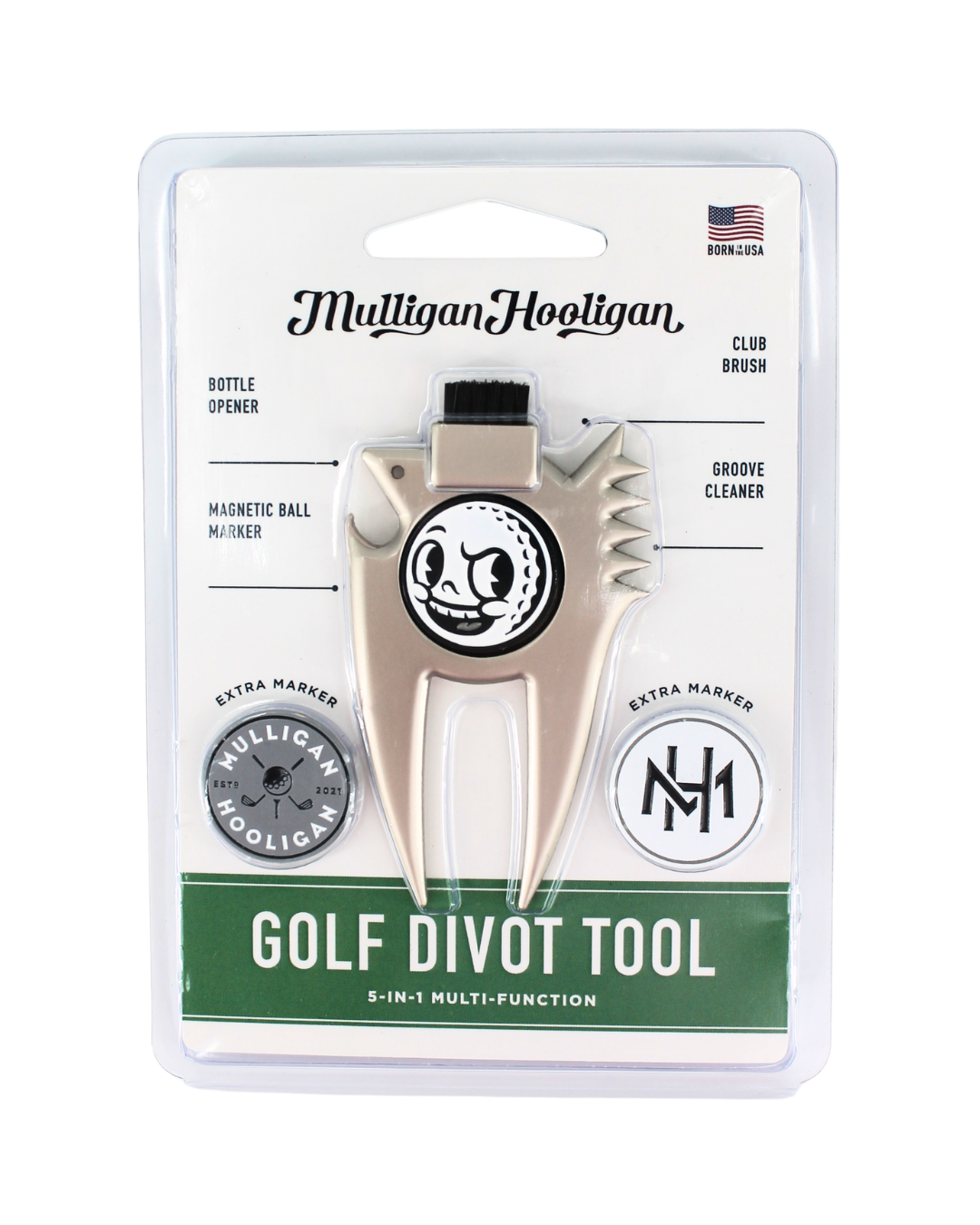 Mulligan Hooligan golf divot tool in its original blister card packaging, featuring a beige multi-tool with black and white graphics.