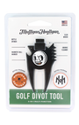 Mulligan Hooligan golf divot tool in its original blister card packaging, featuring a black plastic multi-tool with a white and black golf ball graphic in the center.