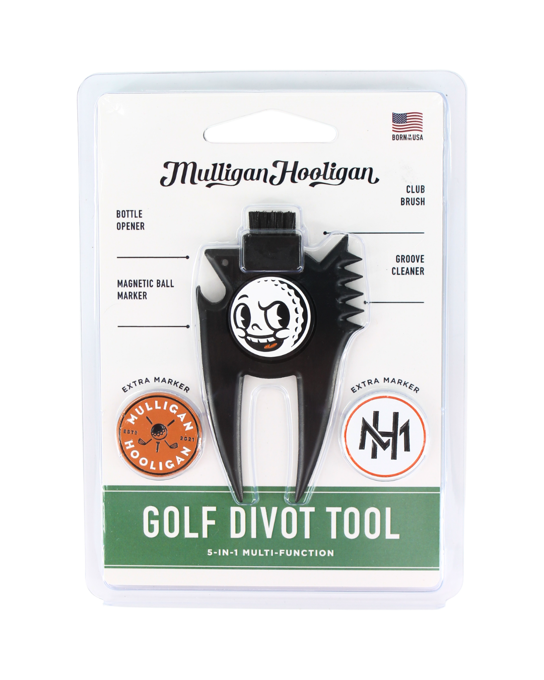 Mulligan Hooligan golf divot tool in its original blister card packaging, featuring a black plastic multi-tool with a white and black golf ball graphic in the center.