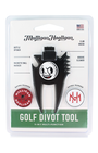 Mulligan Hooligan golf divot tool in its original blister card packaging, featuring a black multi-function tool with white and red branding.