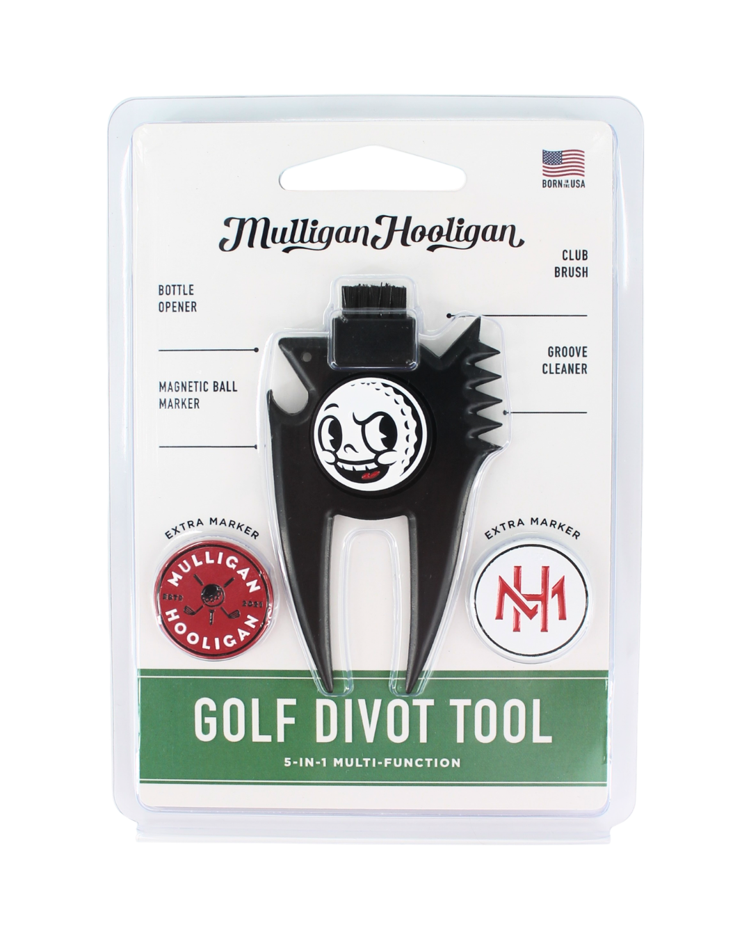 Mulligan Hooligan golf divot tool in its original blister card packaging, featuring a black multi-function tool with white and red branding.