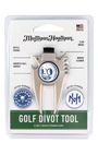 Mulligan Hooligan golf divot tool in its original blister card packaging, featuring a silver metal divot tool with blue and white branding.