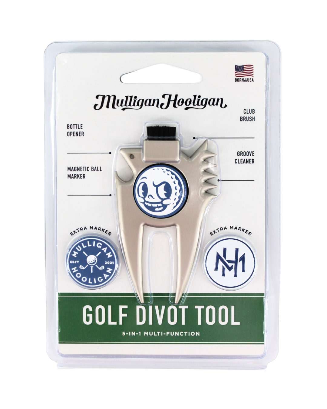Mulligan Hooligan golf divot tool in its original blister card packaging, featuring a silver metal divot tool with blue and white branding.