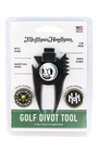 Mulligan Hooligan golf divot tool in its original blister card packaging, featuring a black multi-function tool with a white and black cartoon face.