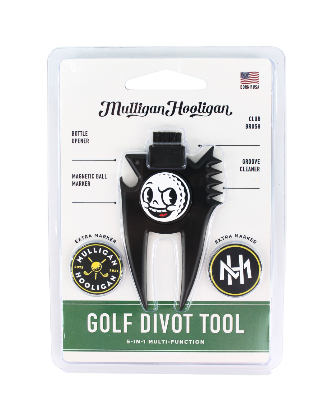Mulligan Hooligan golf divot tool in its original blister card packaging, featuring a black multi-function tool with a white and black cartoon face.