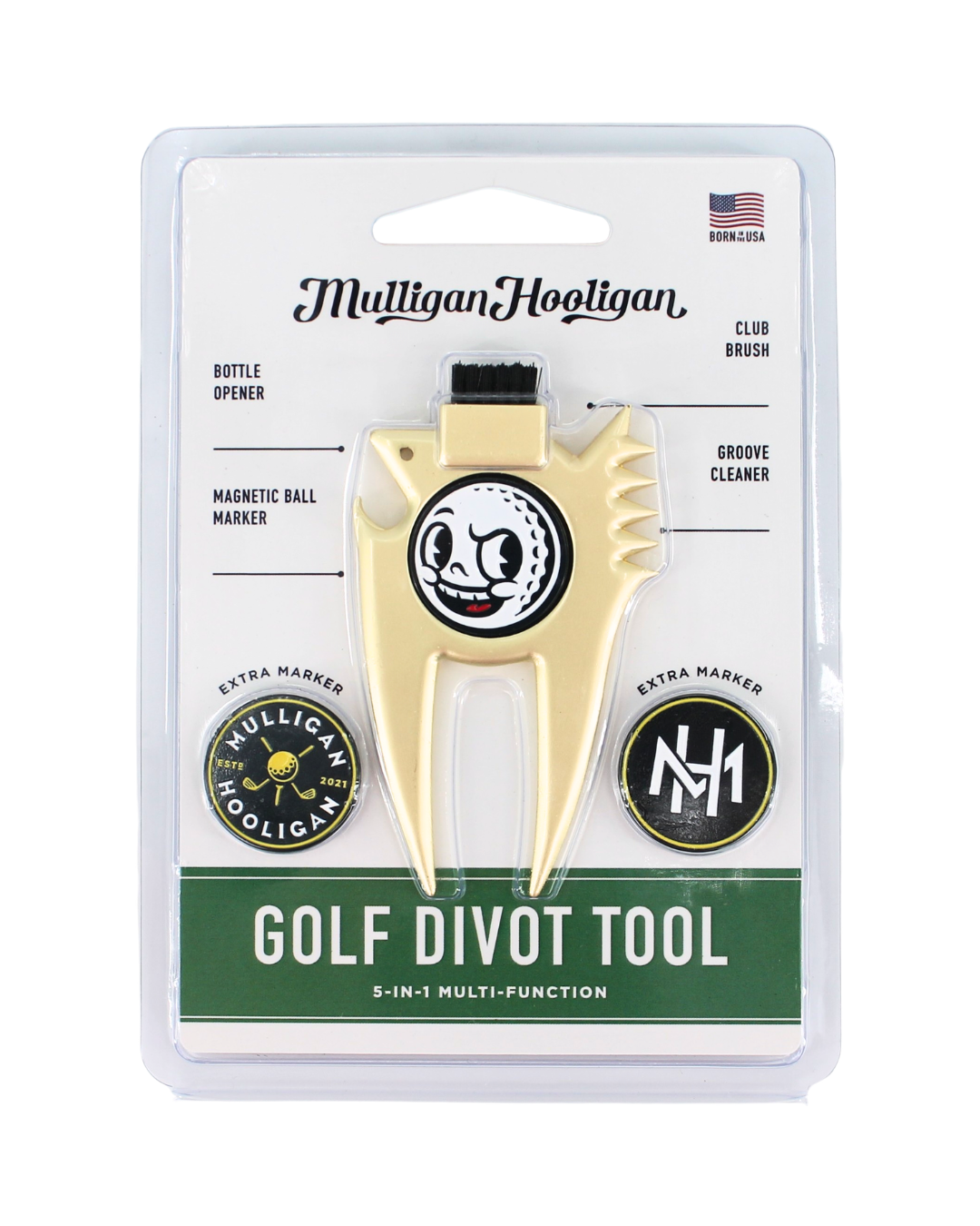 Mulligan Hooligan golf divot tool set in its original blister packaging, featuring a gold-colored metal divot tool with black and white branding, a bottle opener, a magnetic ball marker, and a groove cleaner.