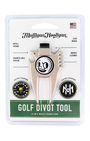 Mulligan Hooligan golf divot tool in blister packaging, featuring a silver metal divot tool with black and white printed graphics, a bottle opener, a club brush, and a magnetic ball marker on a white backing card with green branding.