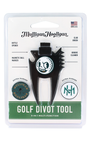 Mulligan Hooligan golf divot tool in its original blister packaging, featuring a black multi-function tool with a white and green logo.