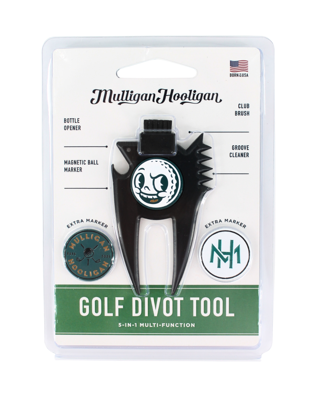 Mulligan Hooligan golf divot tool in its original blister packaging, featuring a black multi-function tool with a white and green logo.