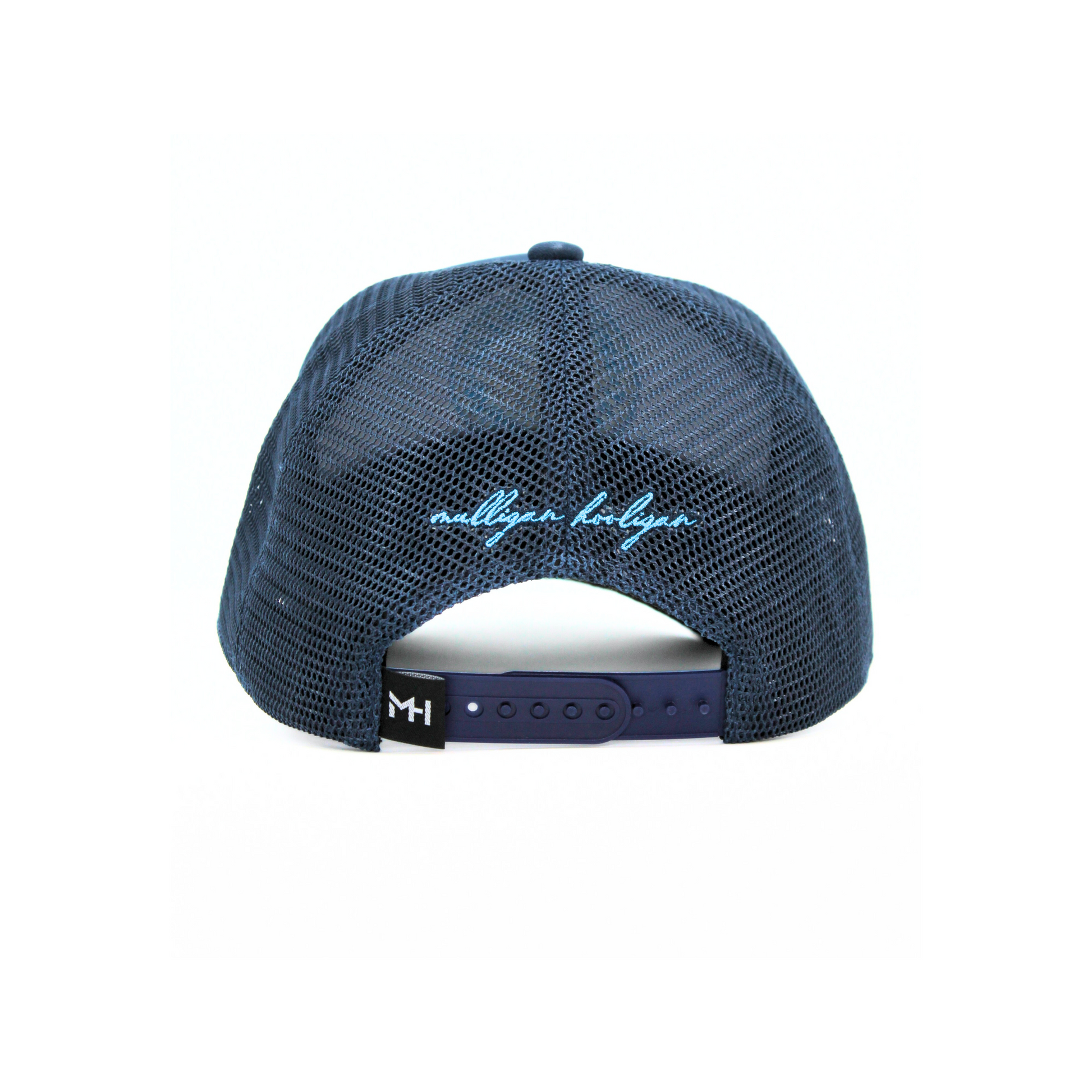 Navy blue cap with embroidered 'Mulligan Hooligan' text on a white background