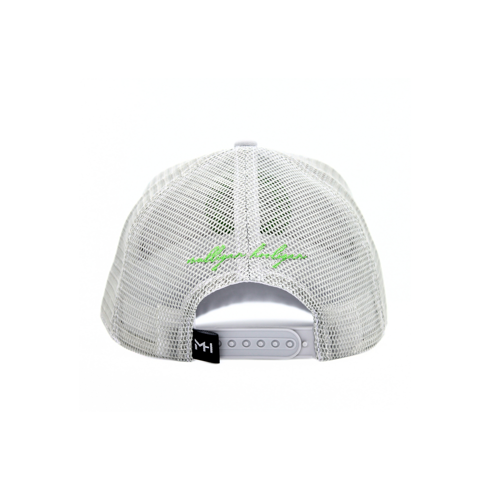White mesh cap with green 'Mulligan Hooligan' branded text on a white background