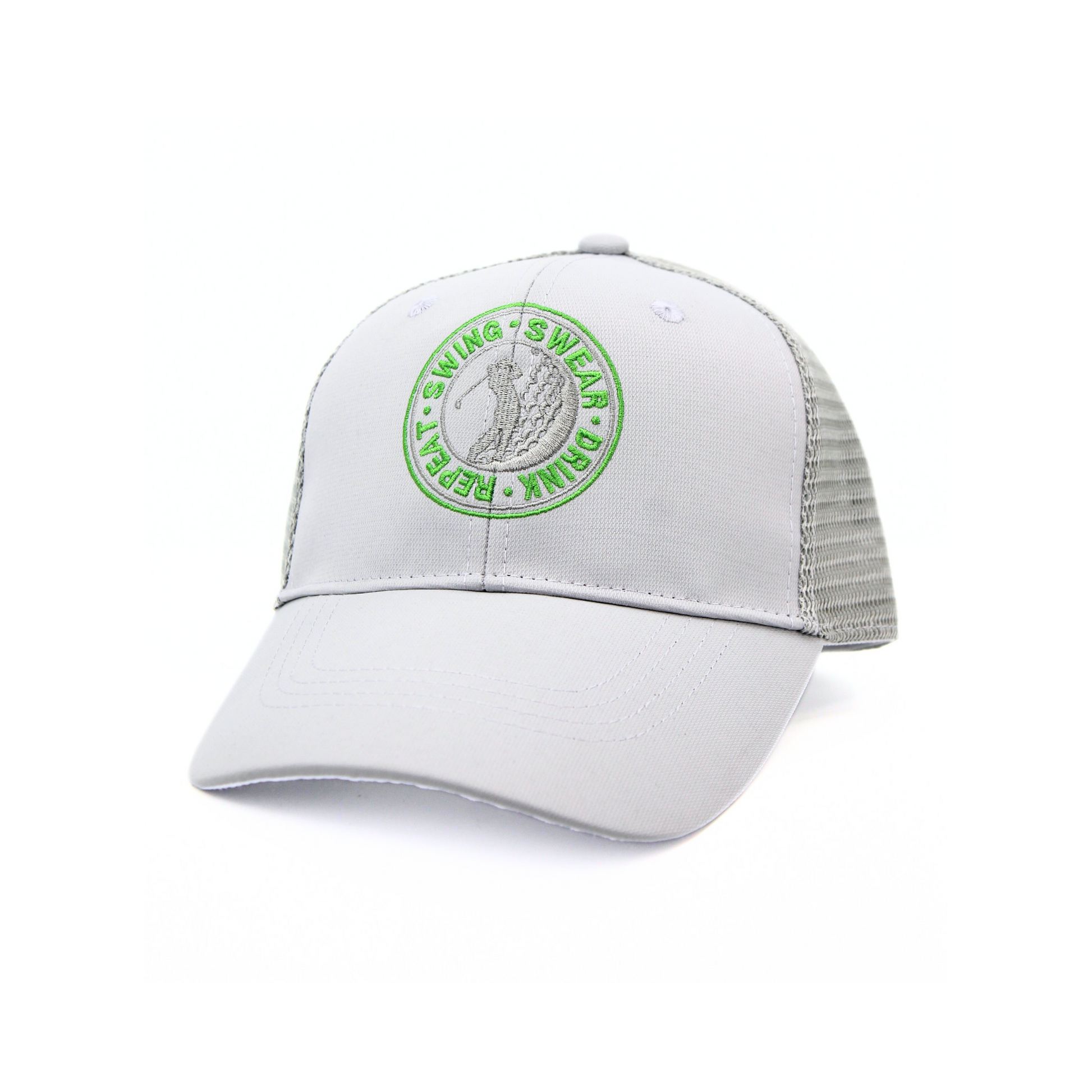 Gray cap with green logo on a white background