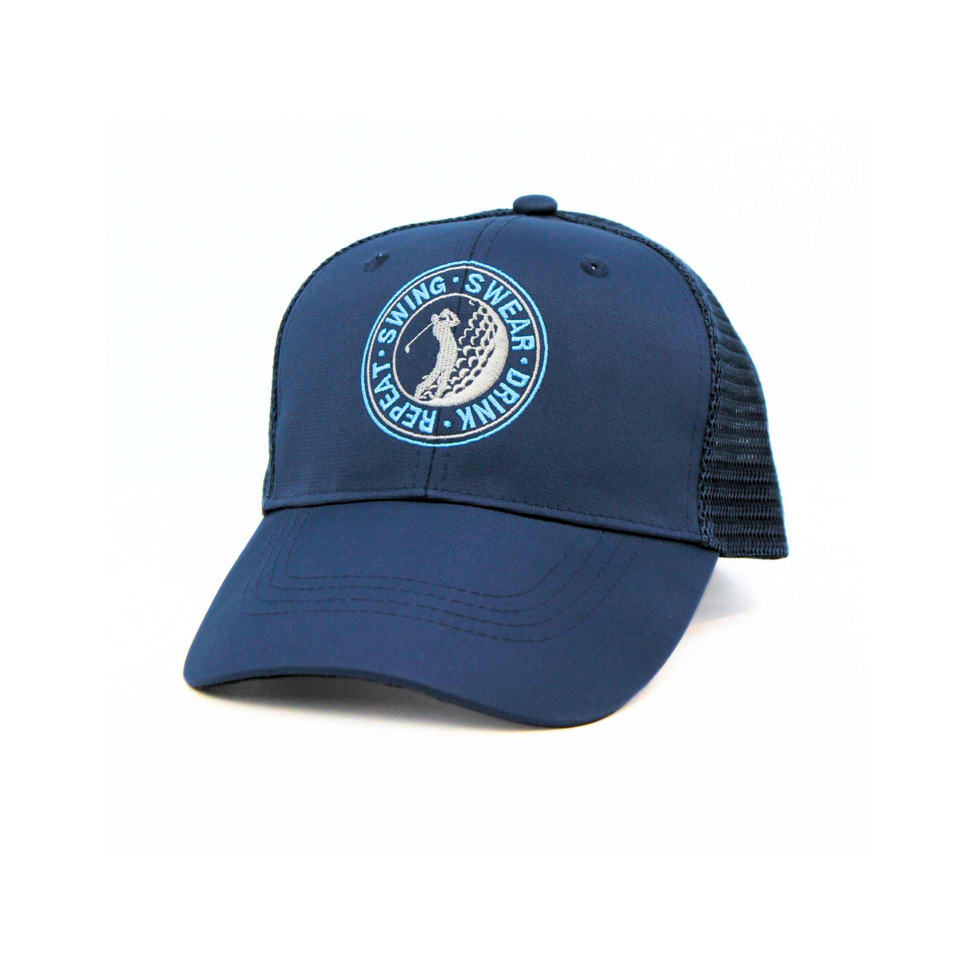 Blue cap with 'Swing, Swear, Drink, Repeat' logo on a white background