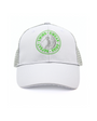 White cap with green embroidered 'Swing, Swear, Drink, Repeat'  design on a white background