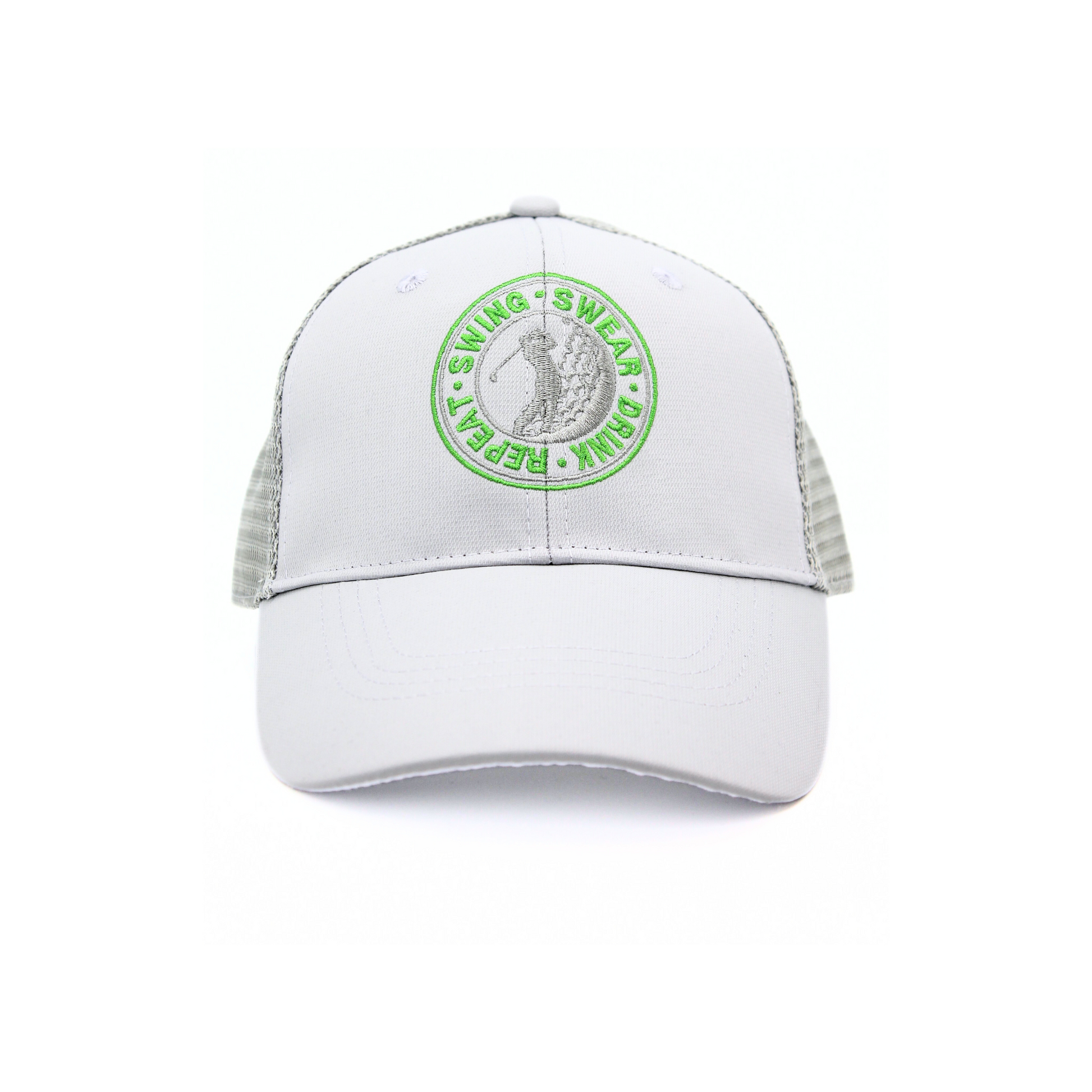 White cap with green embroidered 'Swing, Swear, Drink, Repeat'  design on a white background