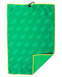 A green golf towel with a repeating logo pattern, a bright yellow border, and a black hanging loop at the top, shown on a plain white background.