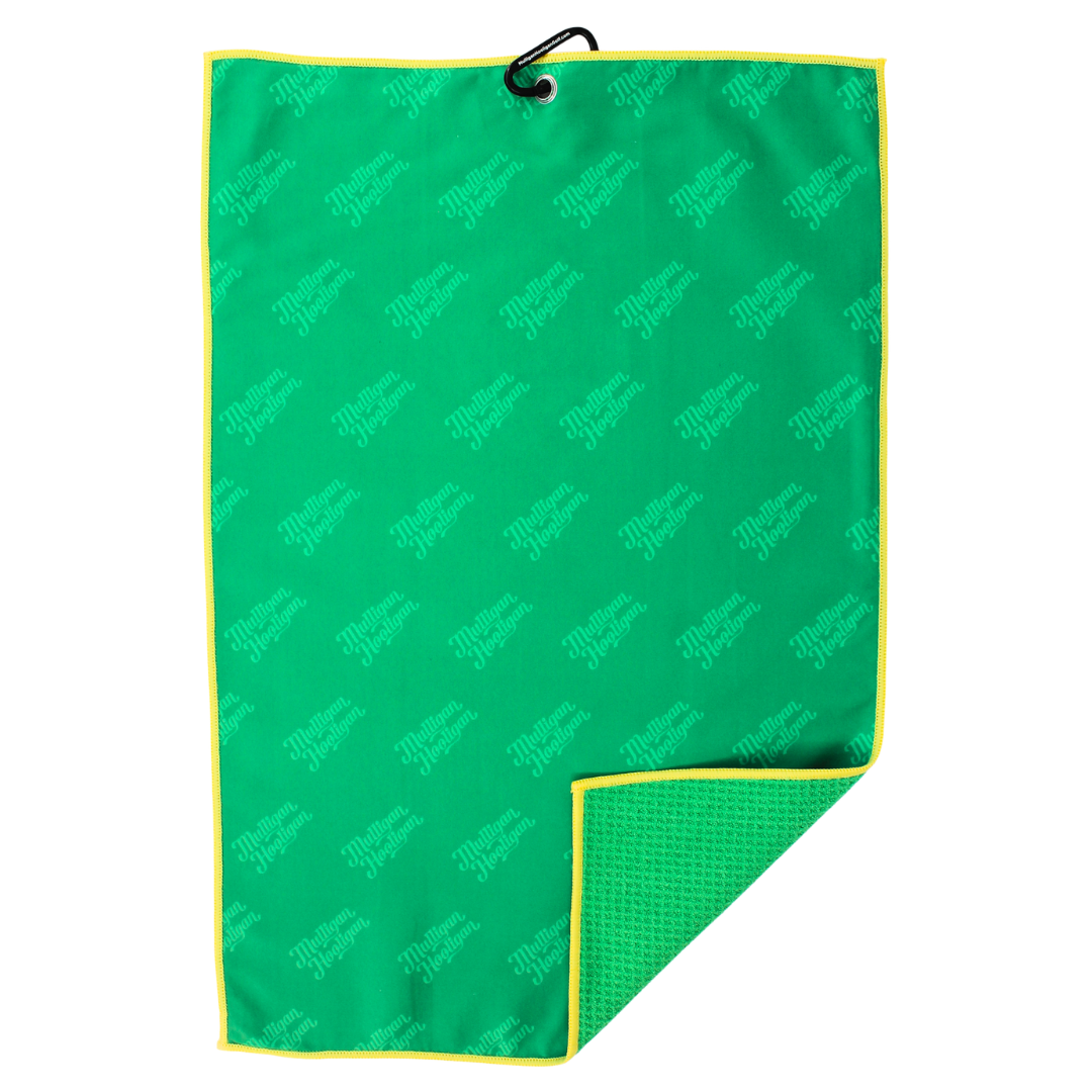 A green golf towel with a repeating logo pattern, a bright yellow border, and a black hanging loop at the top, shown on a plain white background.