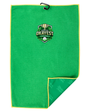 A bright green waffle-weave golf towel with a yellow border, featuring a 'Proud Okayest Golfers' embroidered logo in the center. The towel is shown flat against a white background with one corner folded over to display the patterned reverse side.